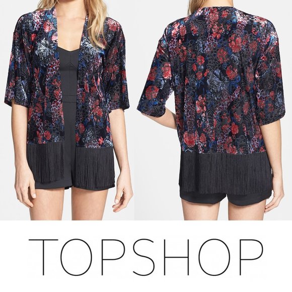 Topshop Other - Topshop Floral Velvet Kimono Fringe Trim Small Medium